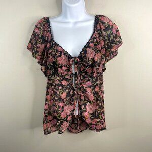 Whimsigoth Top NWT Womens Medium Floral Ruffle Bow Tie Front Feminine Fairy